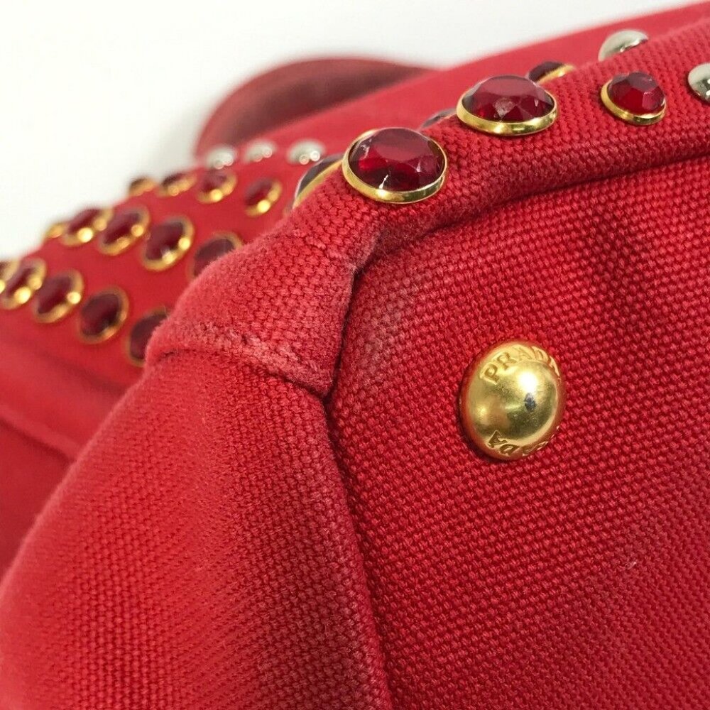 PRADA triangle logo plate Kanapa GM Bijoux Hand Bag Tote Bag Canvas Red - Picture 16 of 16